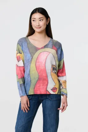 Abstract Print Long Sleeve Knit Jumper