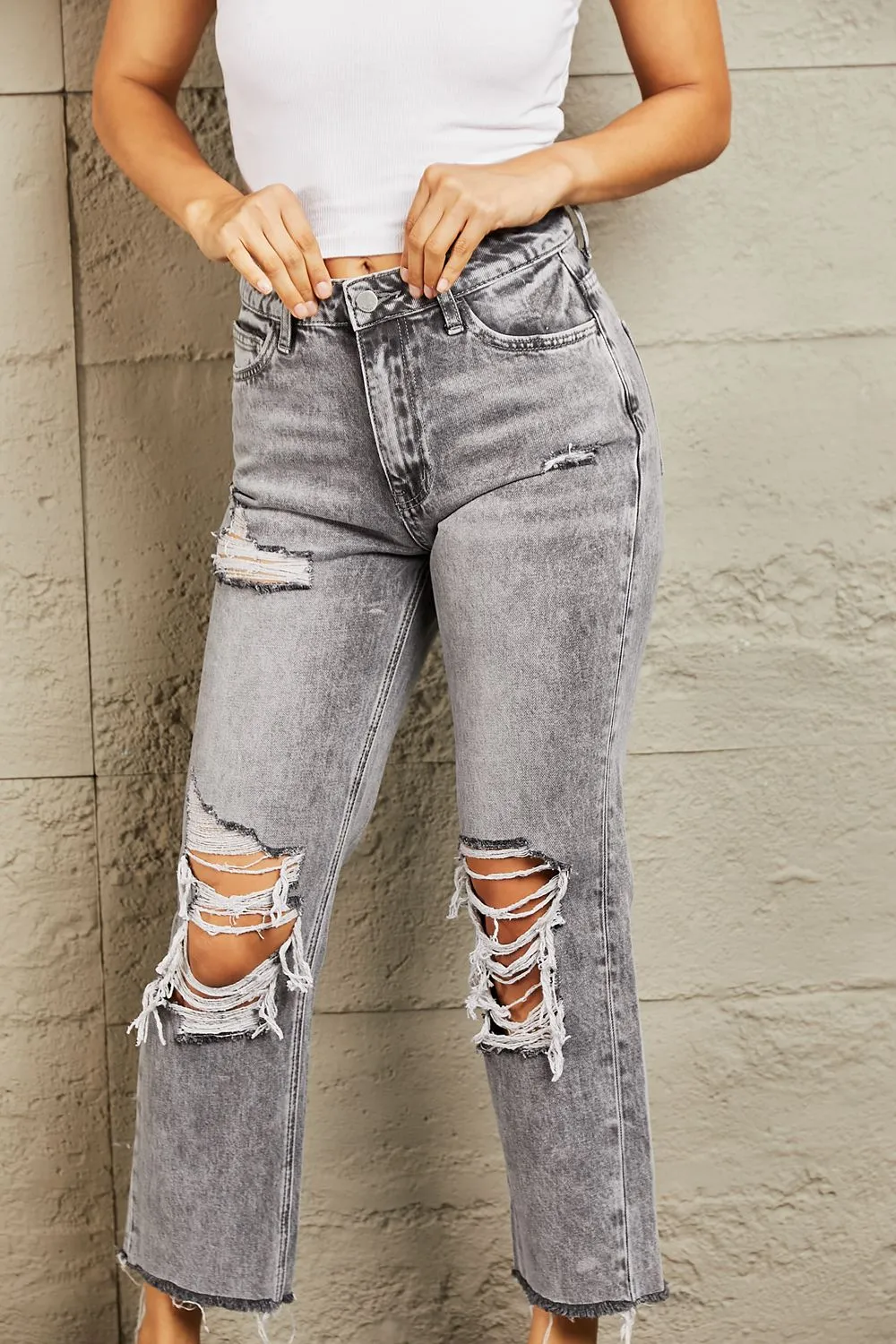 Acid Wash Distressed Cropped Straight Jeans