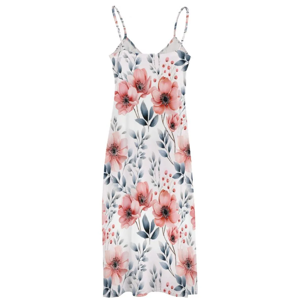 Apricot and Grey Floral Spaghetti Strap Ankle-Length Dress Long dress