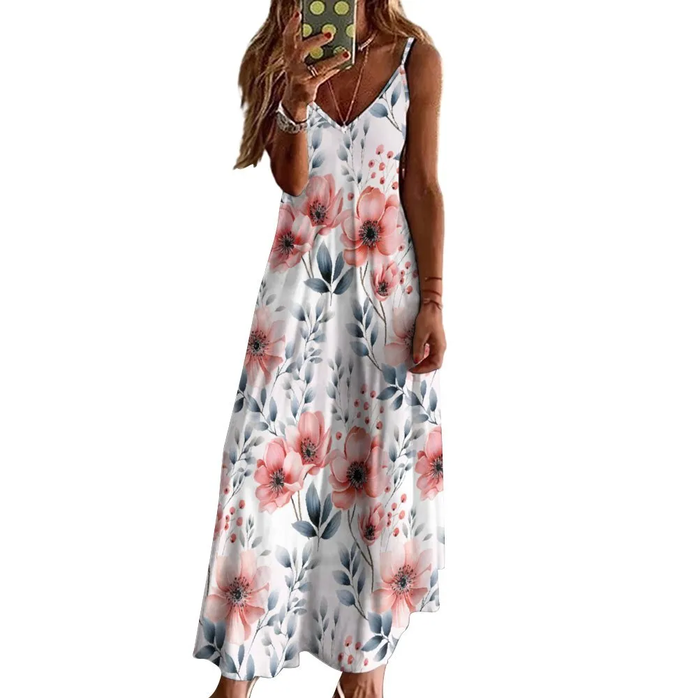 Apricot and Grey Floral Spaghetti Strap Ankle-Length Dress Long dress