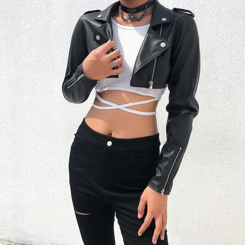 Black PU Leather Crop Jacket Street Wear Punk Style Womens Coats Long Sleeve Turn-Down Zipper Short Jacket  Fashion