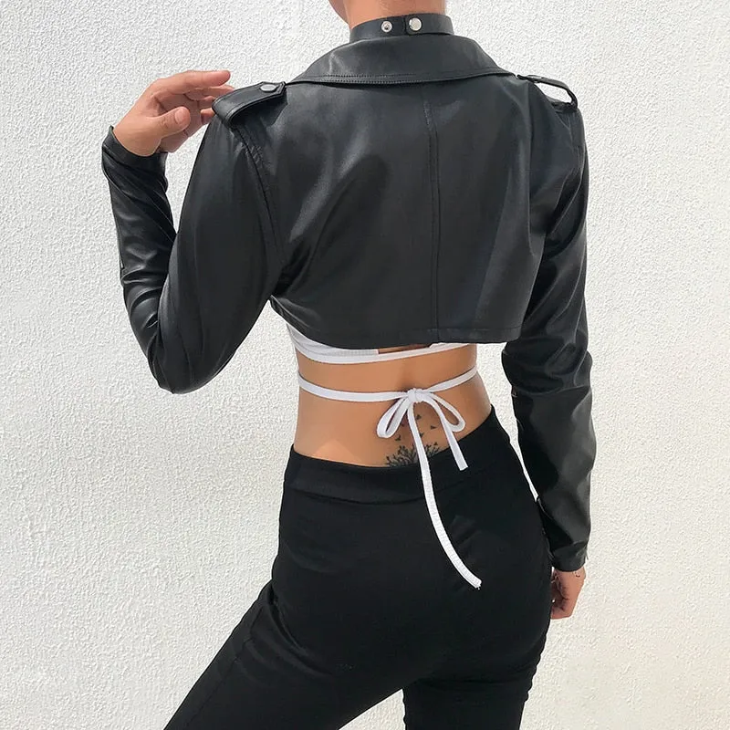 Black PU Leather Crop Jacket Street Wear Punk Style Womens Coats Long Sleeve Turn-Down Zipper Short Jacket  Fashion