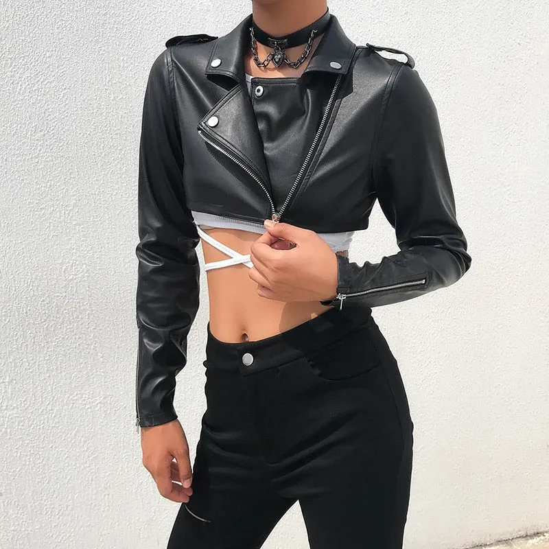 Black PU Leather Crop Jacket Street Wear Punk Style Womens Coats Long Sleeve Turn-Down Zipper Short Jacket  Fashion