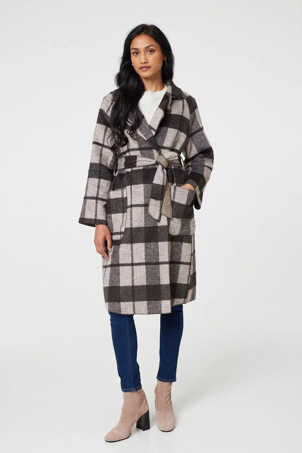 Checked Longline Coat with Belt