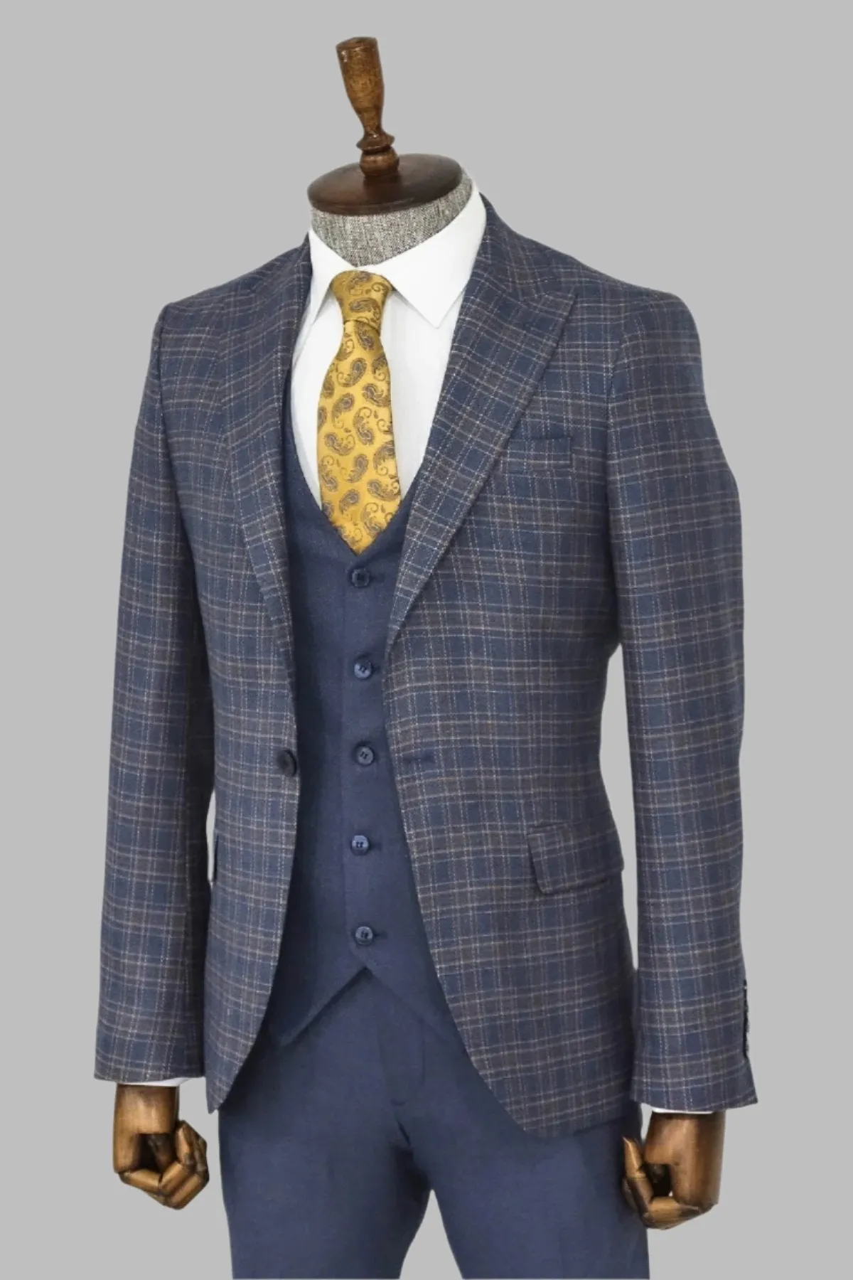 Checked Slim Fit Blue Men Suit - Wessi