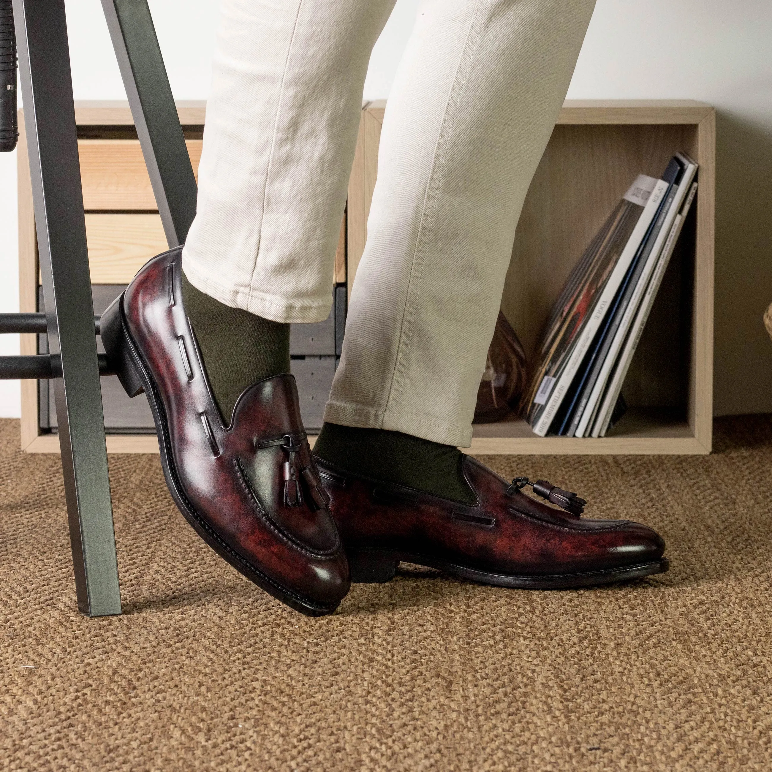 DapperFam Luciano in Burgundy Men's Hand-Painted Patina Loafer