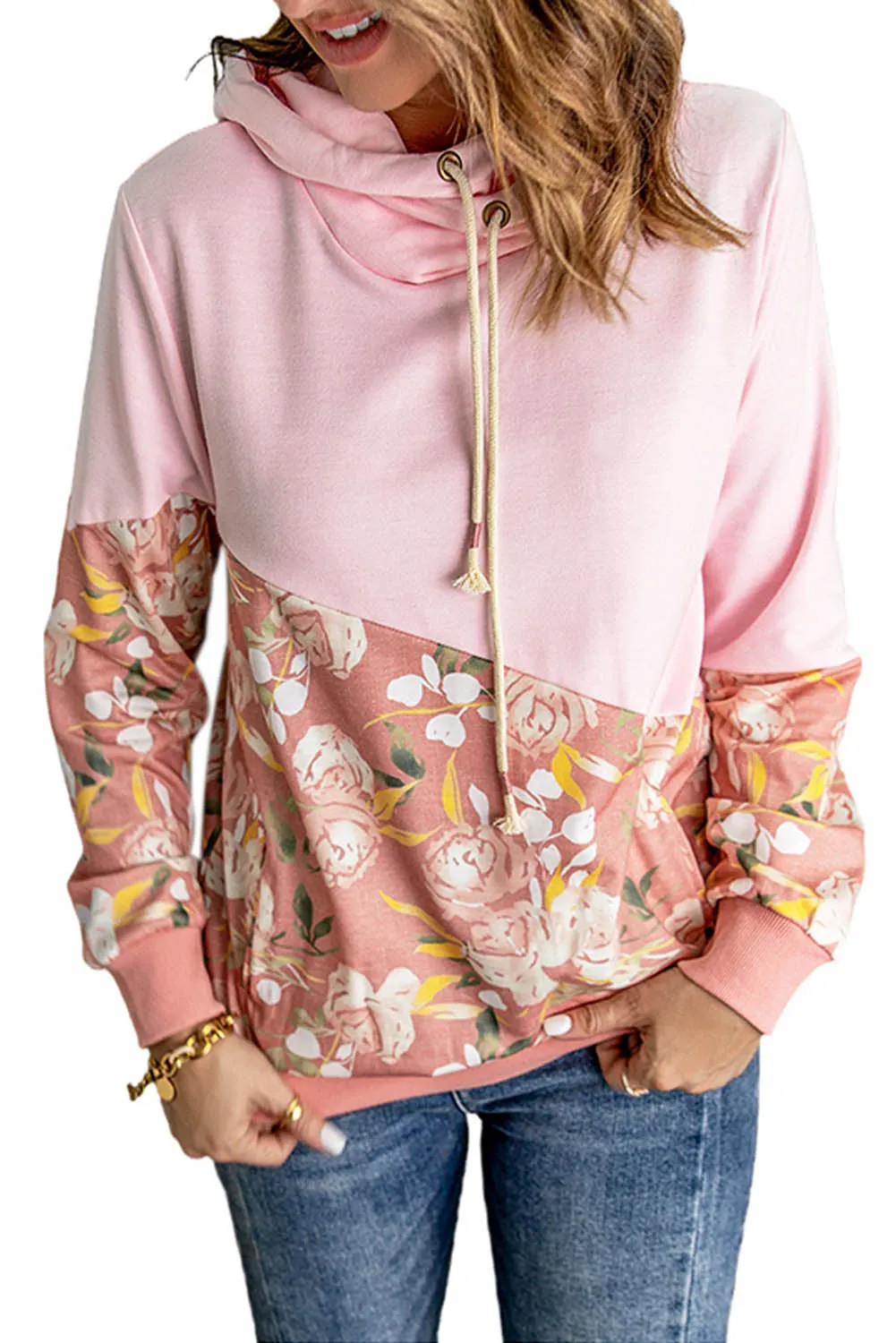 Floral Color Block Cowl Neck Hoodie