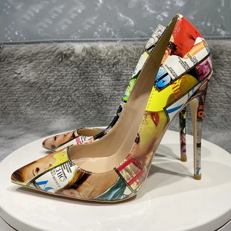 Graffiti Print Pointed Toe Patent High Heel Shoes