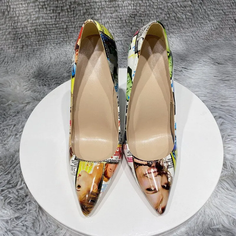 Graffiti Print Pointed Toe Patent High Heel Shoes