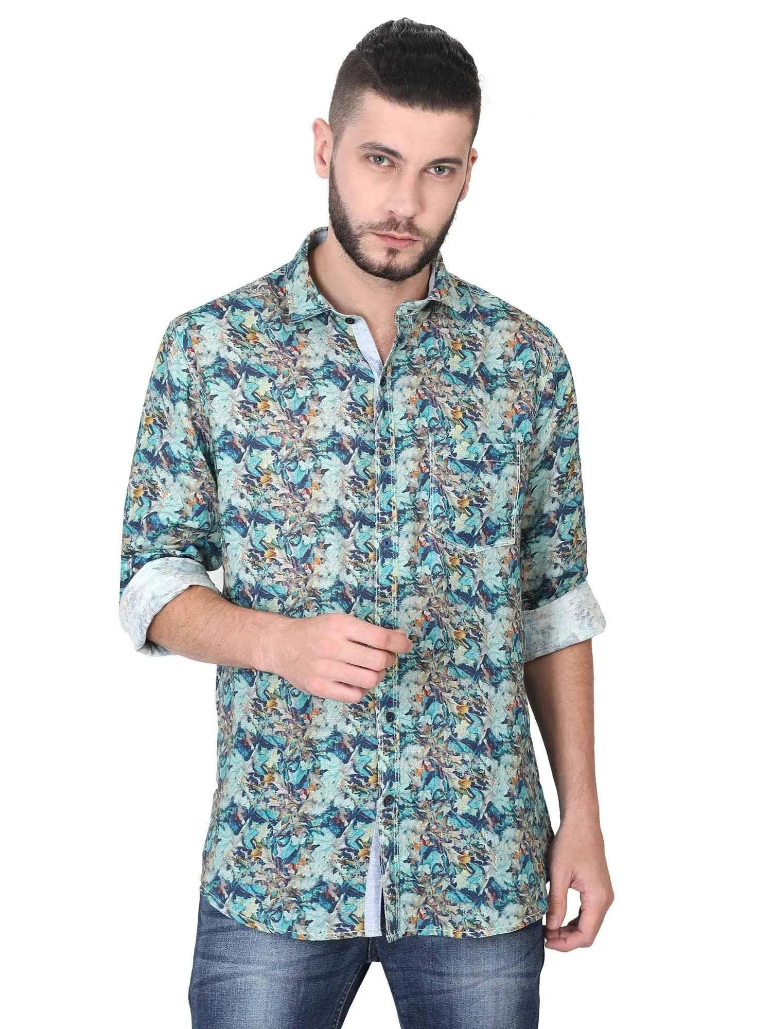 Green Leaf Digital Printed Linen Full Sleeve Men's Plus Size