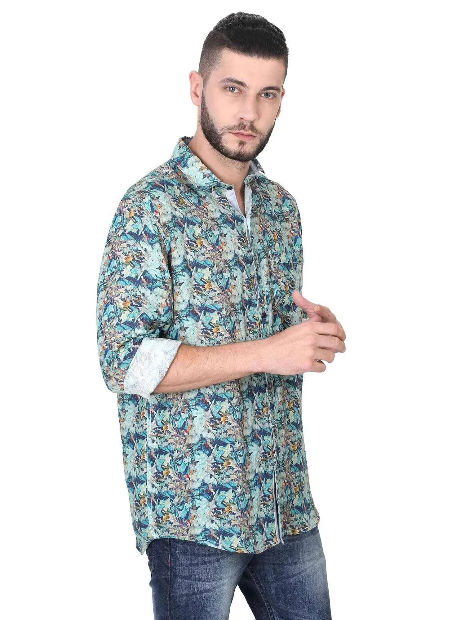 Green Leaf Digital Printed Linen Full Sleeve Men's Plus Size