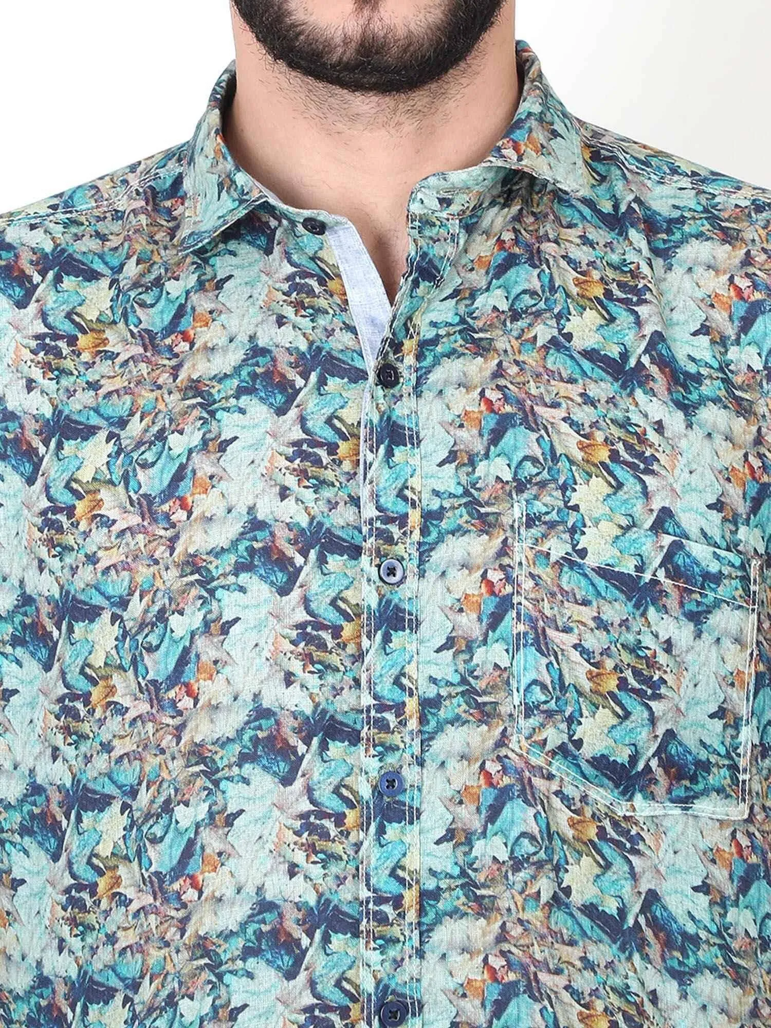 Green Leaf Digital Printed Linen Full Sleeve Men's Plus Size