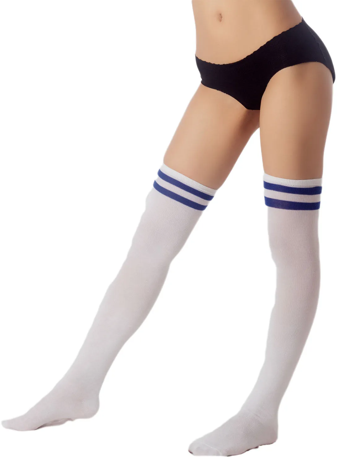 iB-iP Women's Navy Stripes Sports Football Style Hold-up Thigh High Long Socks