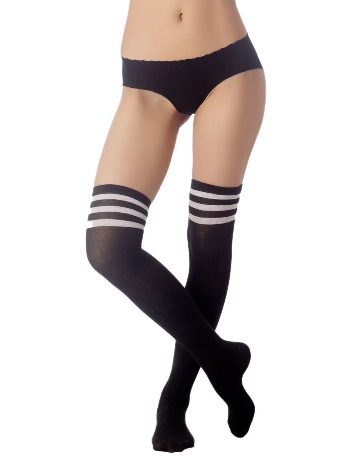 iB-iP Women's Navy Stripes Sports Football Style Hold-up Thigh High Long Socks