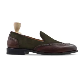 Kazan - Men's Dark Brown Calf Leather and Olive Green Kid Suede Loafer