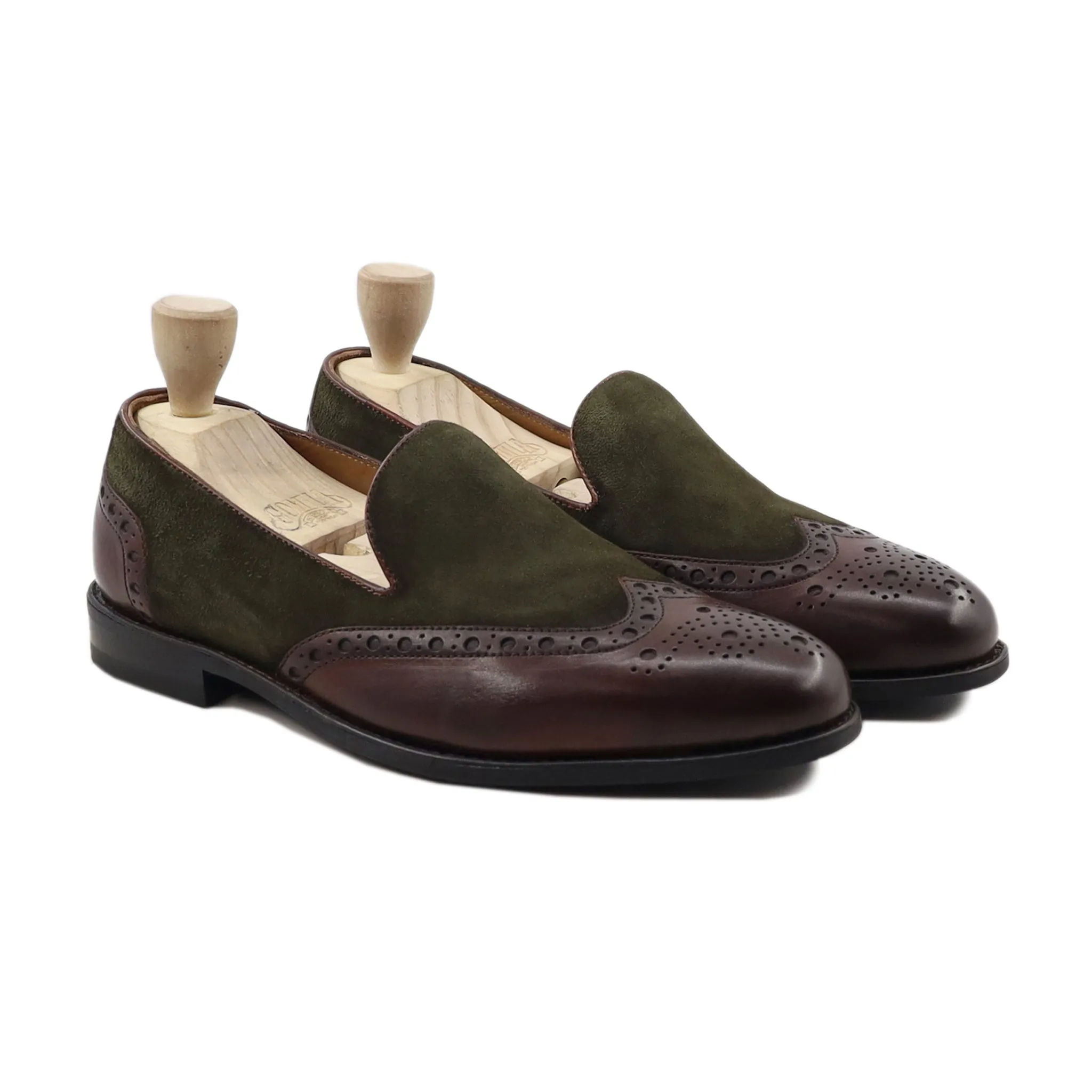 Kazan - Men's Dark Brown Calf Leather and Olive Green Kid Suede Loafer