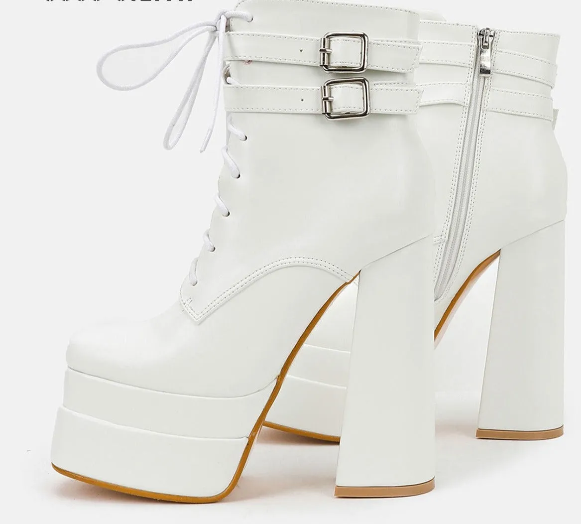 Lace-Up Block Heel Platform Mid-Calf Boots