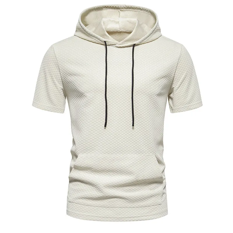 Men Lattice Pockets Short Sleeves Drawstring Hoody T-Shirt