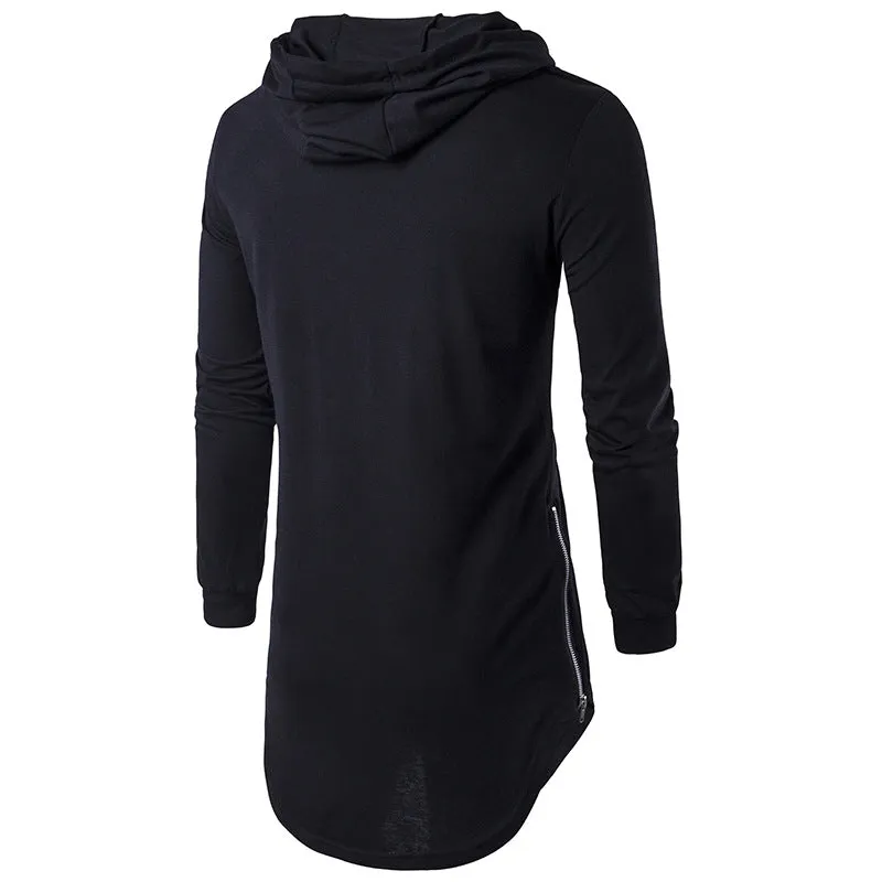 Men Long Sleeves Drawstring Hoody Long T-Shirt