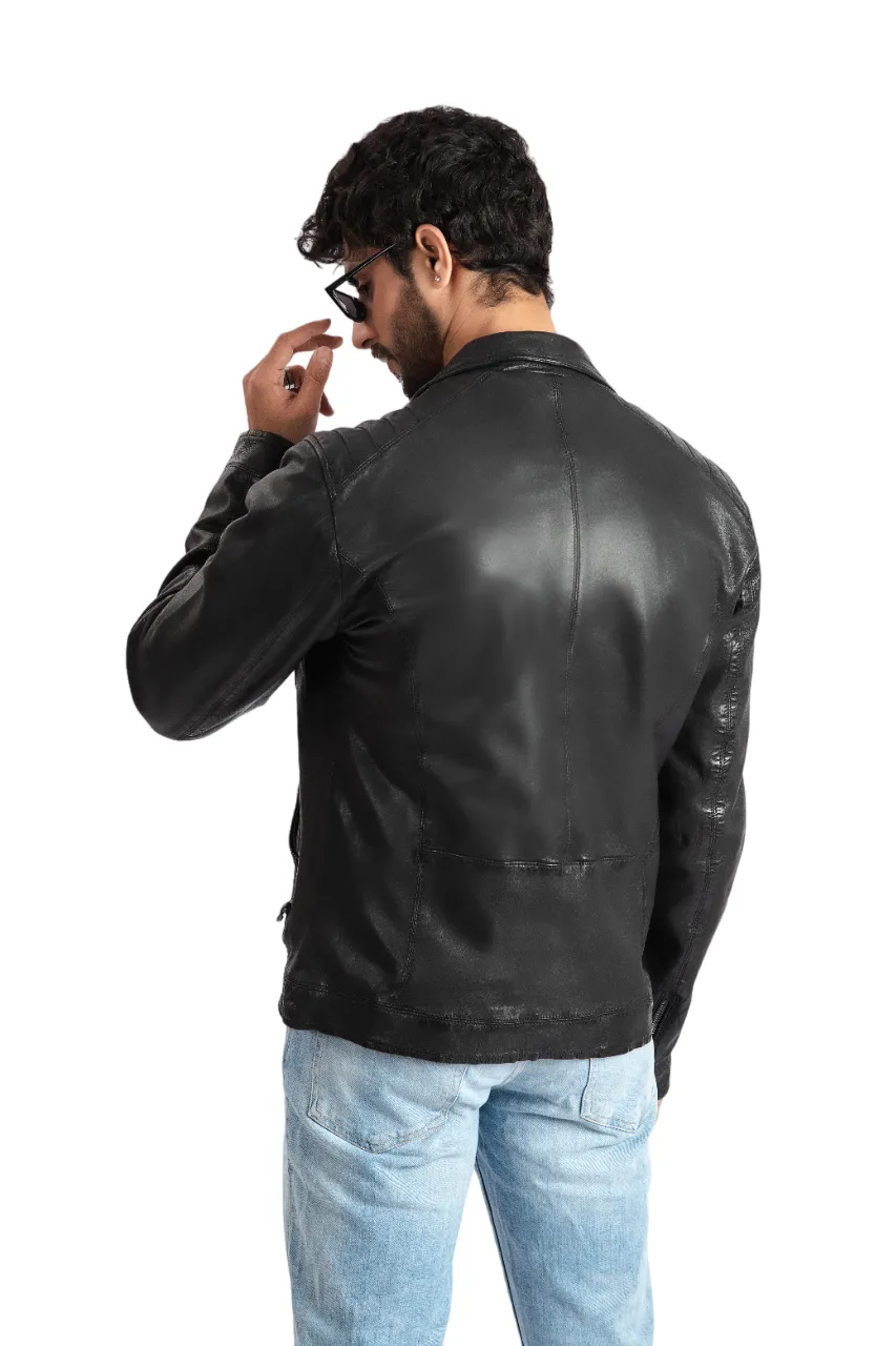 Mens Classic Brando Biker Style Black Leather Jacket - ELM4