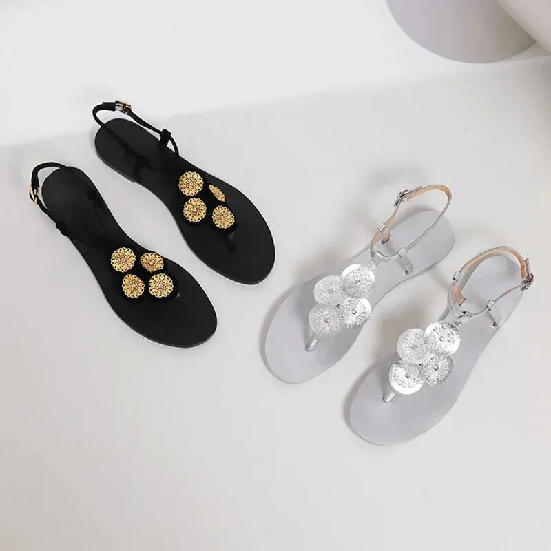 Metal Decor Low Heel Slingback Sandals