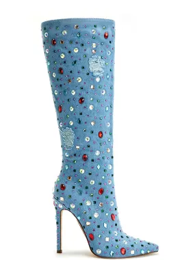 Multicolor Rhinestones Studded Knee-High Denim Boots