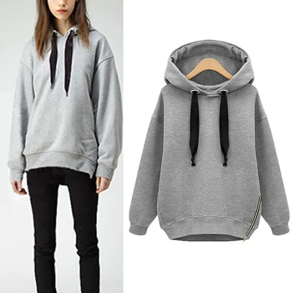 Plain Thick Hoodies Solid Sweatshirt Warm Hoodies For Women  Xxl Oversized Side Zip Hoodie Drawstring