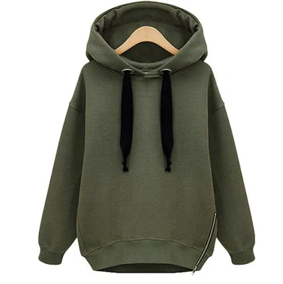 Plain Thick Hoodies Solid Sweatshirt Warm Hoodies For Women  Xxl Oversized Side Zip Hoodie Drawstring