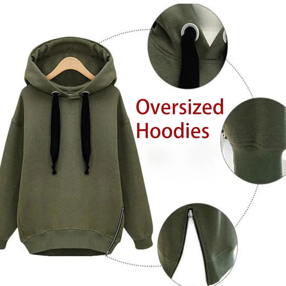 Plain Thick Hoodies Solid Sweatshirt Warm Hoodies For Women  Xxl Oversized Side Zip Hoodie Drawstring