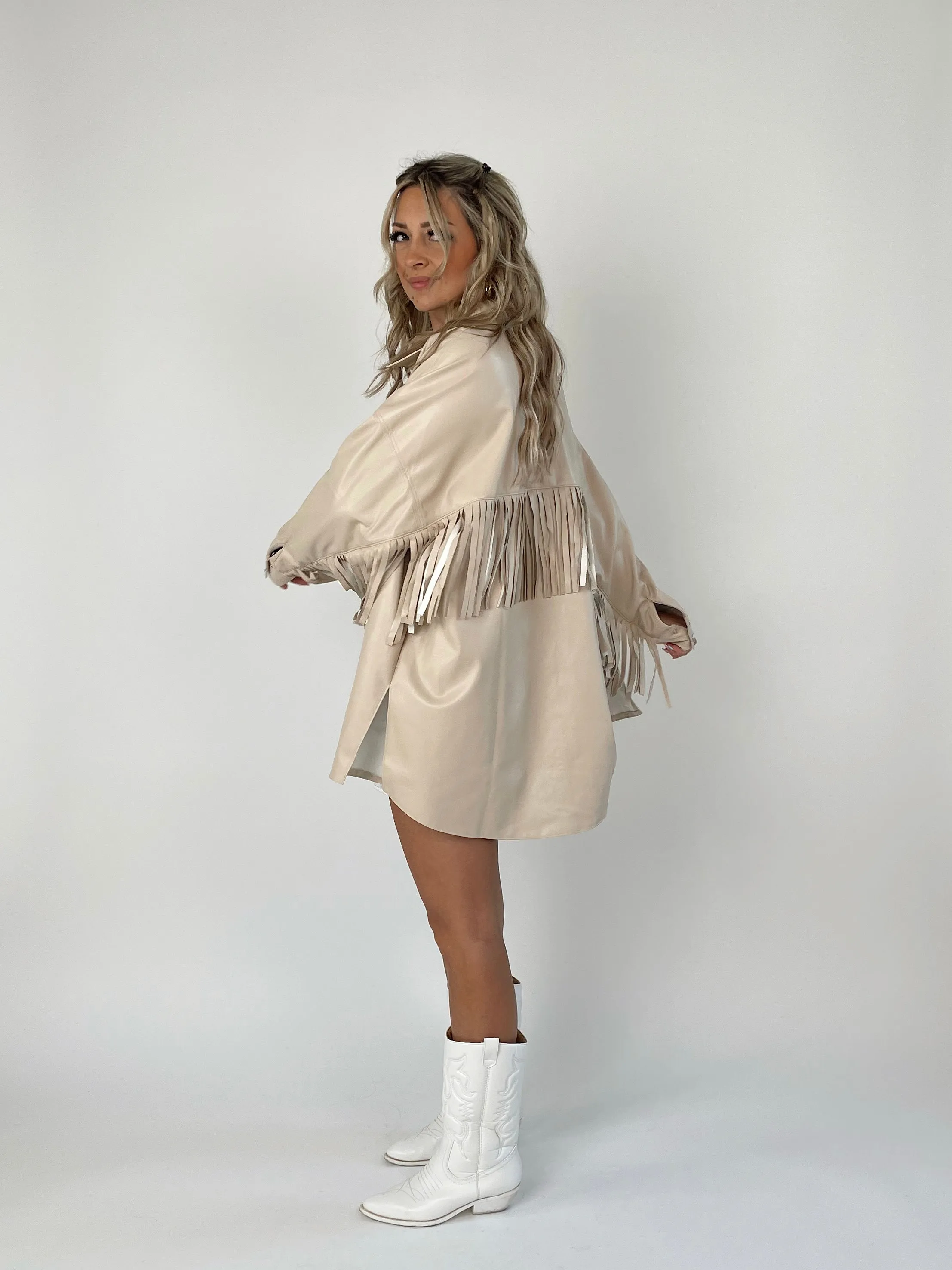 Reign Faux Leather Fringe Jacket // Oatmeal