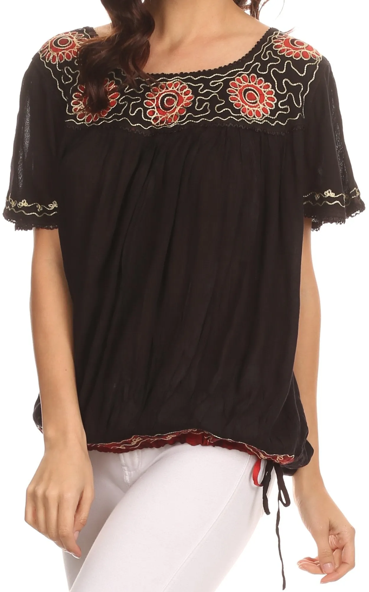 Sakkas Alexi Wide Floral Embroidered Blouse Shirt Top With Wide Neck Cap Sleeves