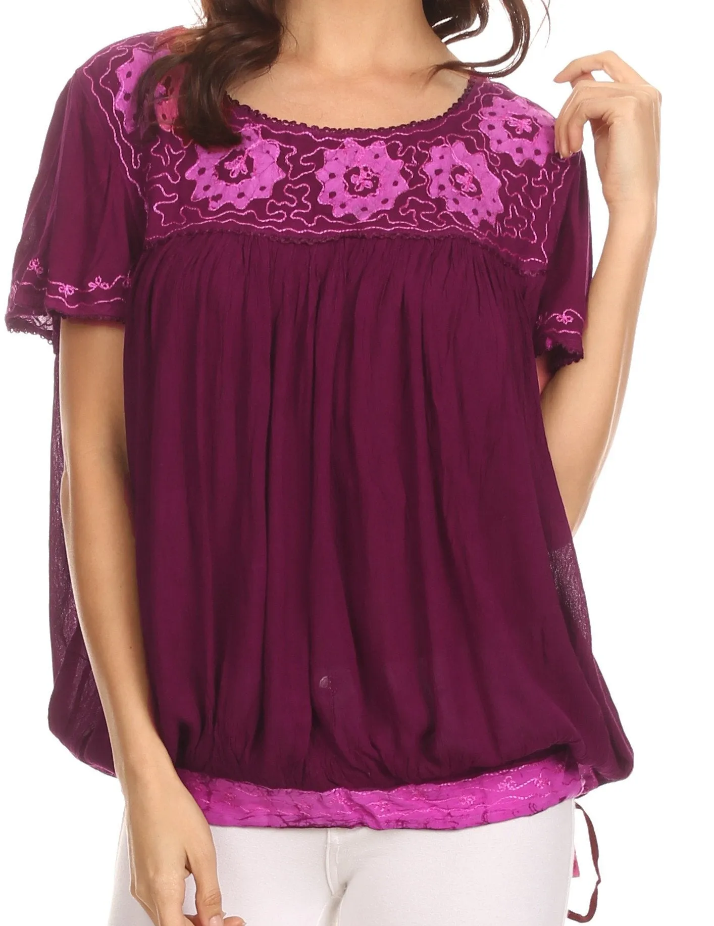 Sakkas Alexi Wide Floral Embroidered Blouse Shirt Top With Wide Neck Cap Sleeves