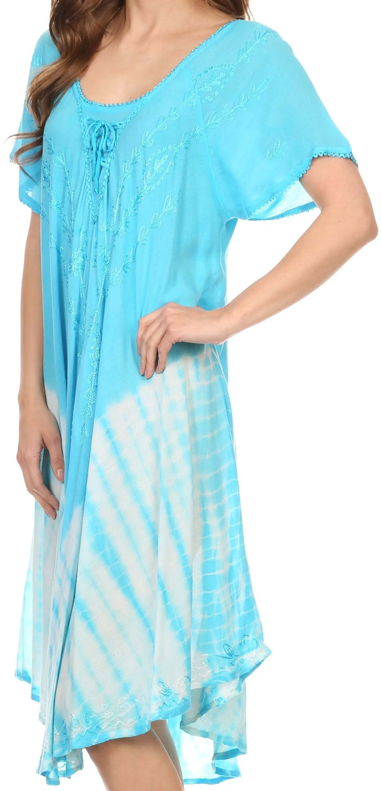 Sakkas Ballari Mid Length Cap Sleeve Embroidered Batik Caftan Dress / Cover Up