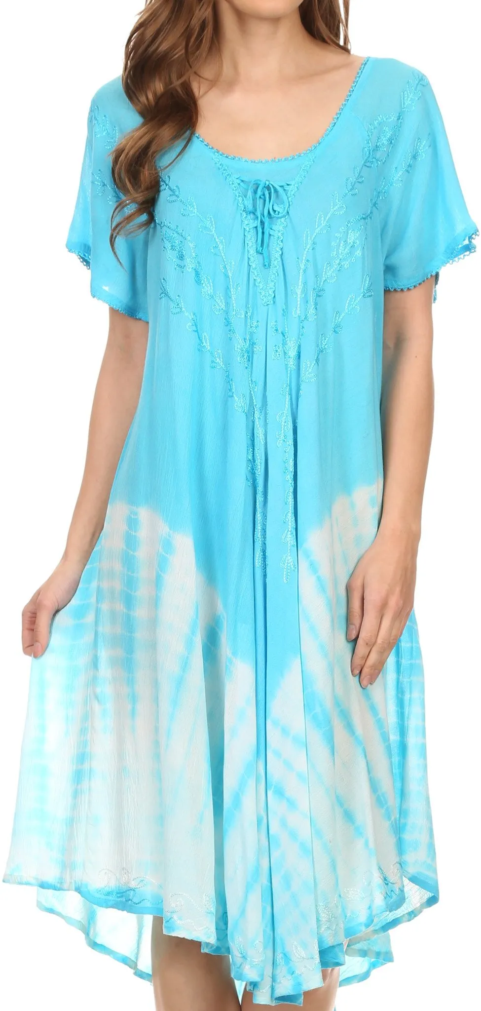 Sakkas Ballari Mid Length Cap Sleeve Embroidered Batik Caftan Dress / Cover Up