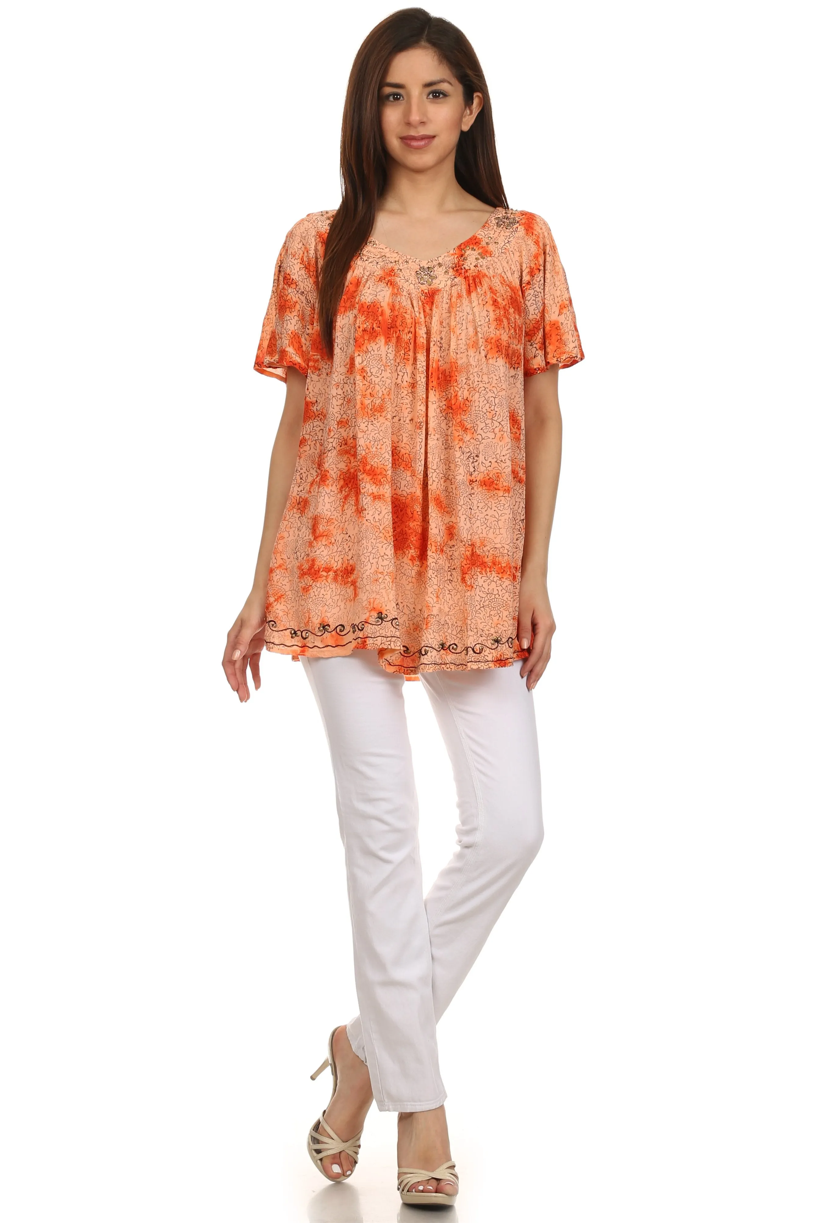 Sakkas Short Sleeve Vine Print V-neck Peasant Top with Beads and Embroidery