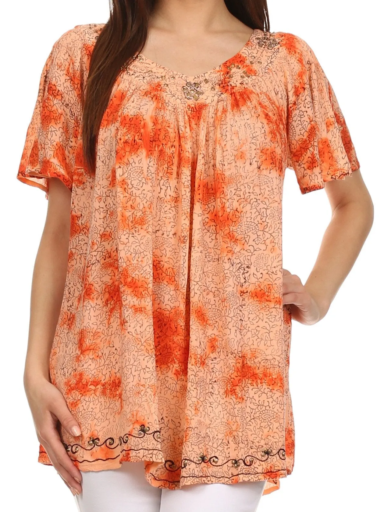 Sakkas Short Sleeve Vine Print V-neck Peasant Top with Beads and Embroidery