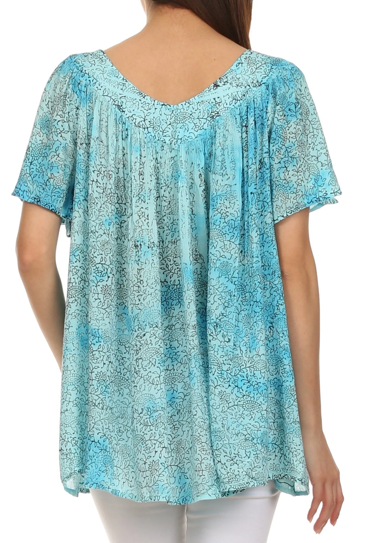 Sakkas Short Sleeve Vine Print V-neck Peasant Top with Beads and Embroidery