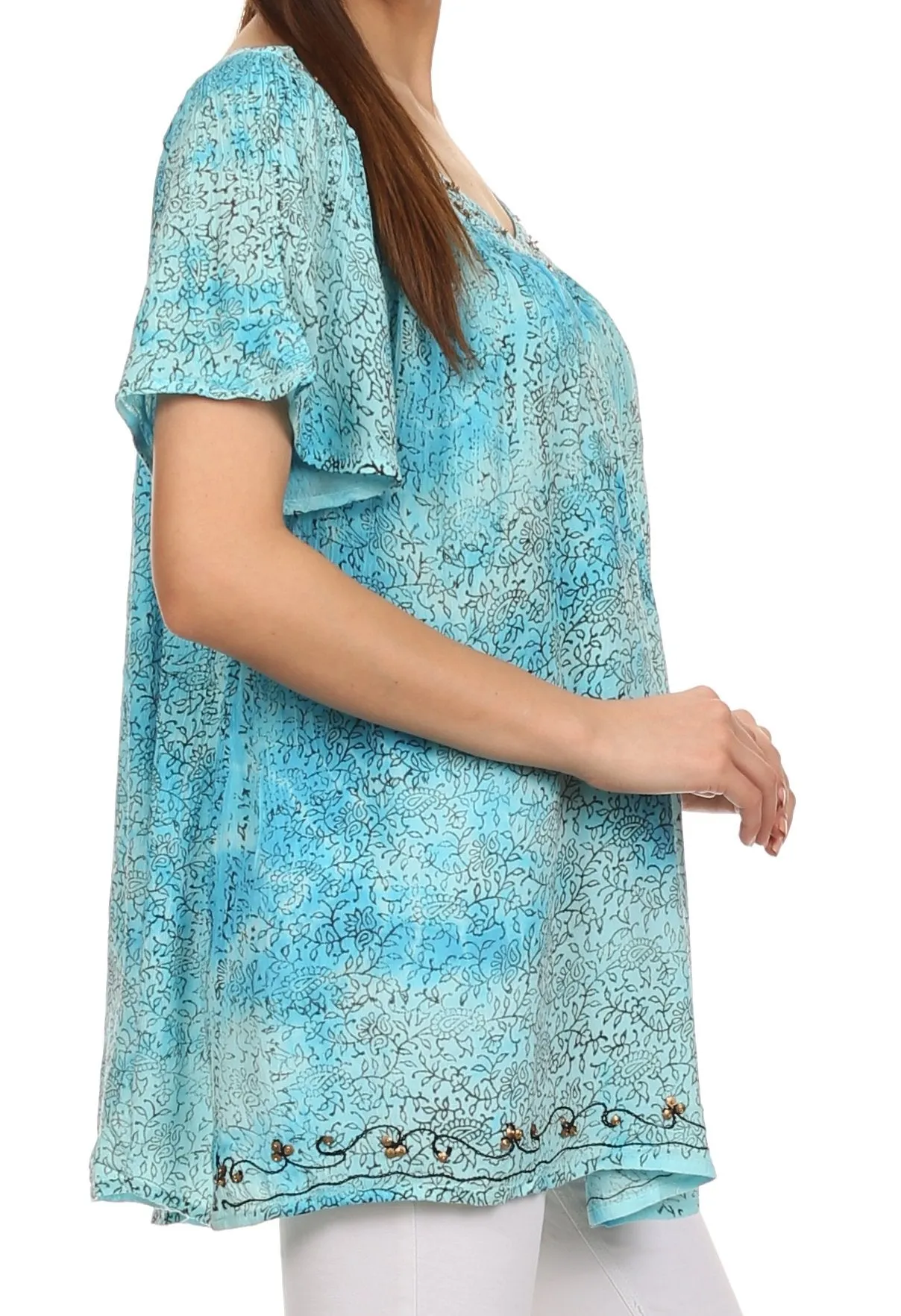 Sakkas Short Sleeve Vine Print V-neck Peasant Top with Beads and Embroidery