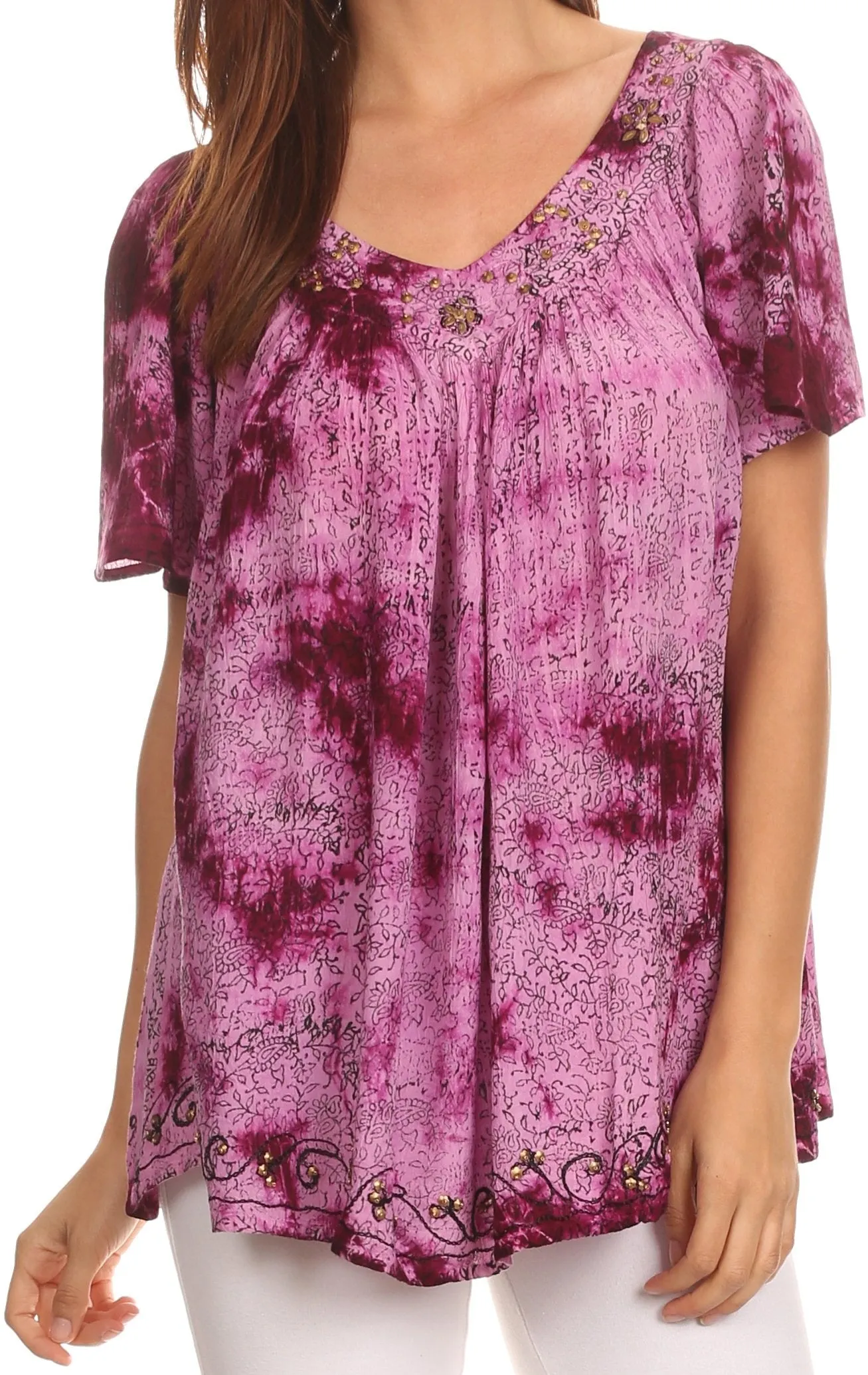 Sakkas Short Sleeve Vine Print V-neck Peasant Top with Beads and Embroidery