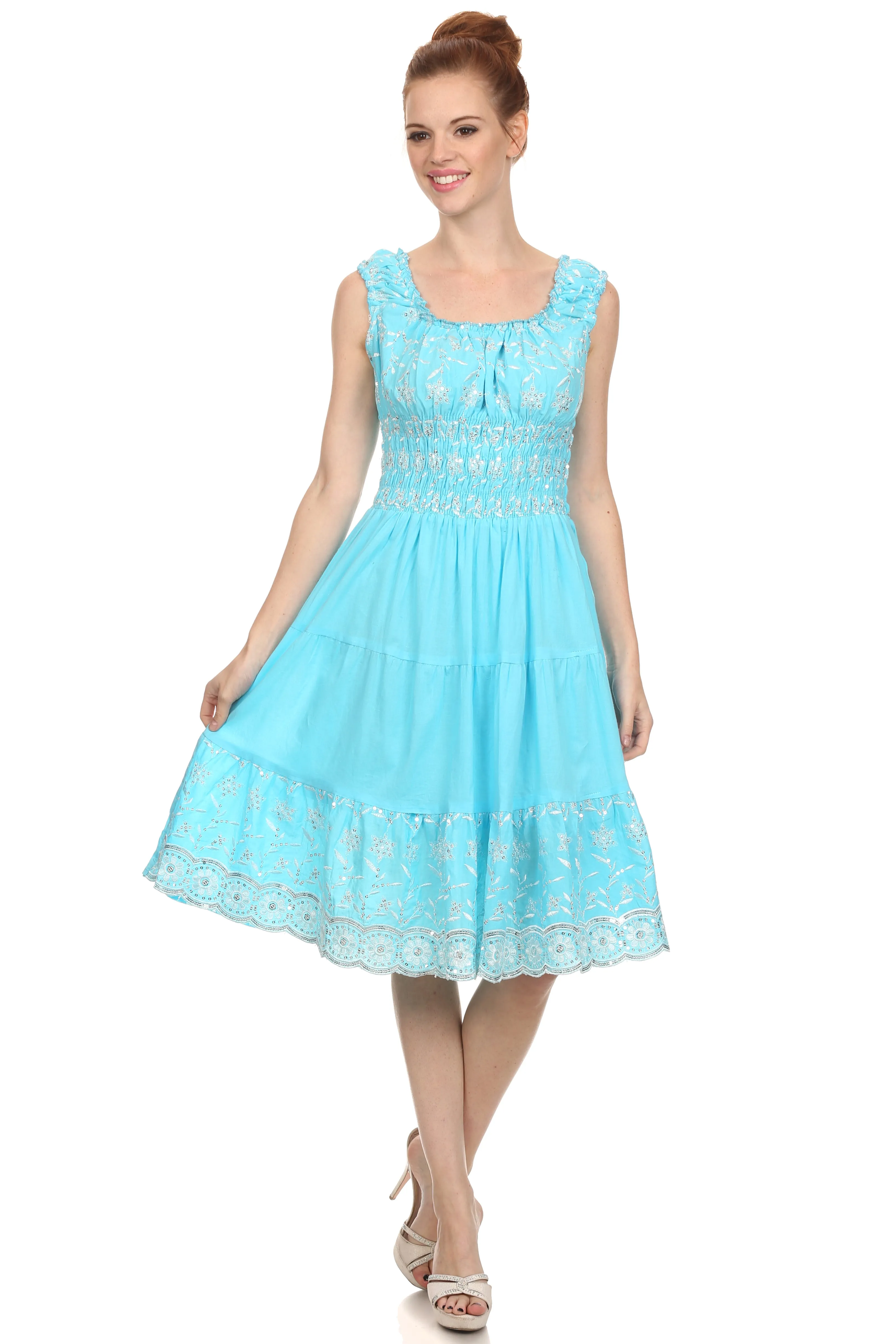 Sakkas Women's Gwendolyn Sequin Embroidered Smocked Bodice Peasant Dress