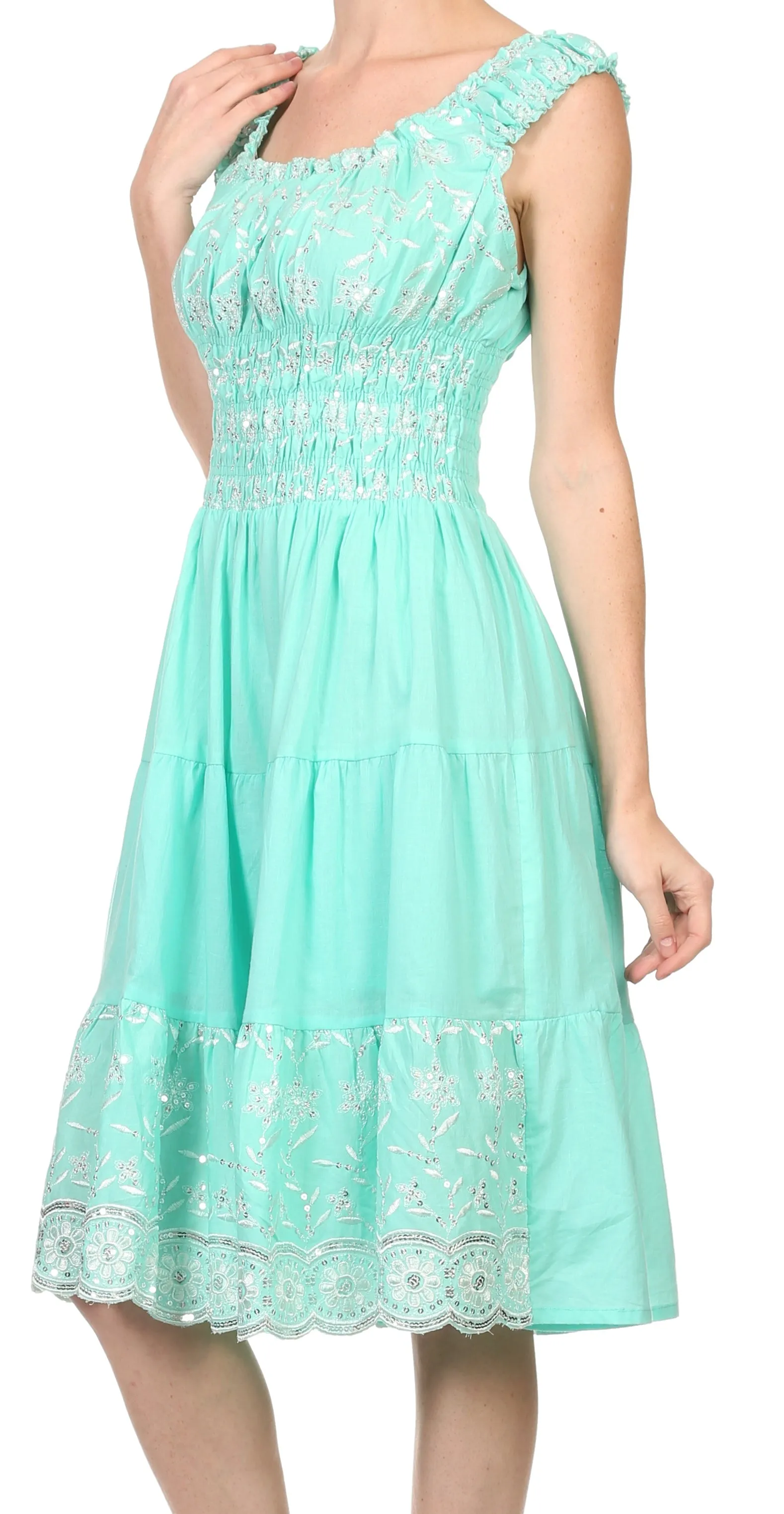 Sakkas Women's Gwendolyn Sequin Embroidered Smocked Bodice Peasant Dress