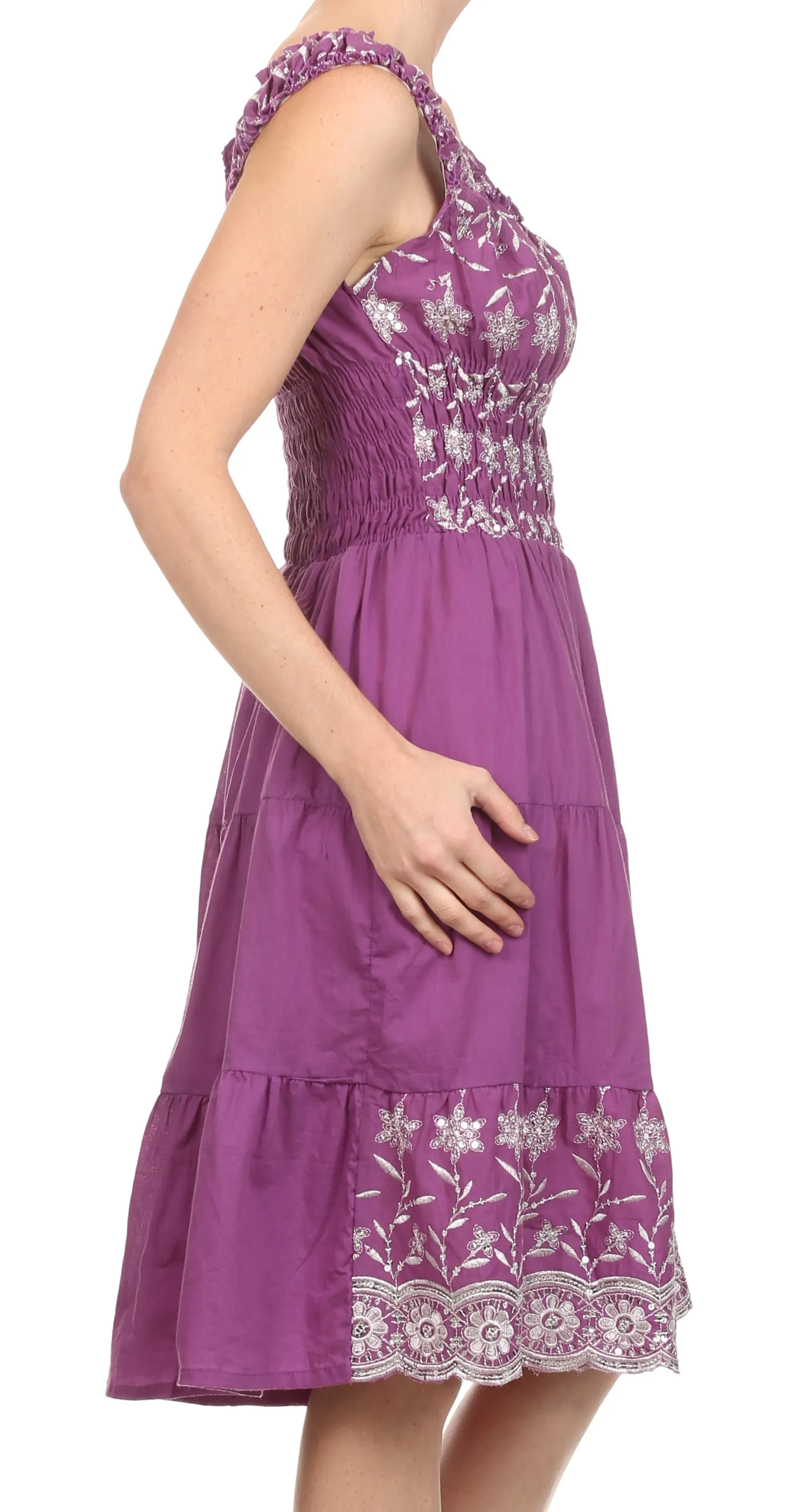 Sakkas Women's Gwendolyn Sequin Embroidered Smocked Bodice Peasant Dress