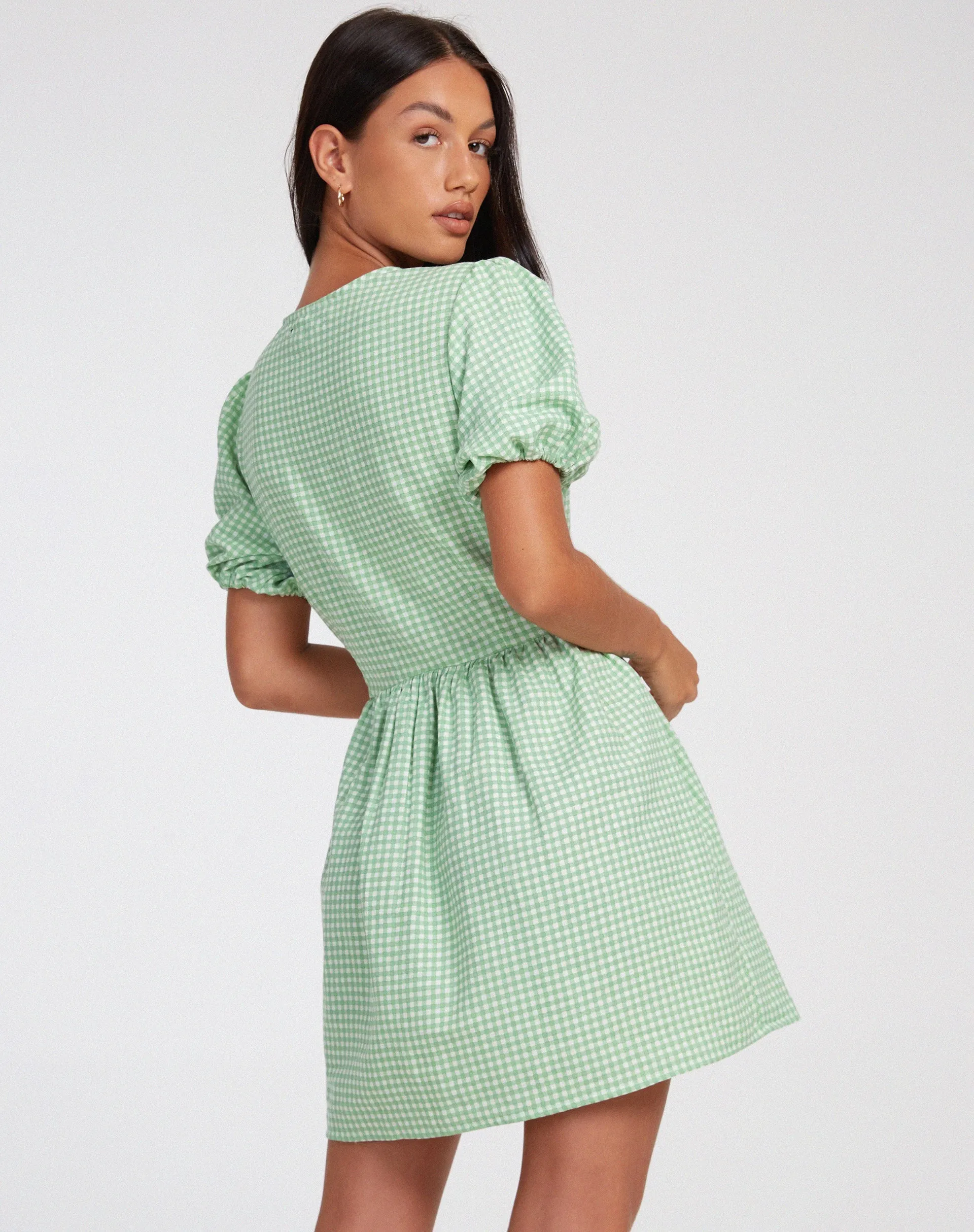 Sashio Mini Dress in Mini Gingham Green