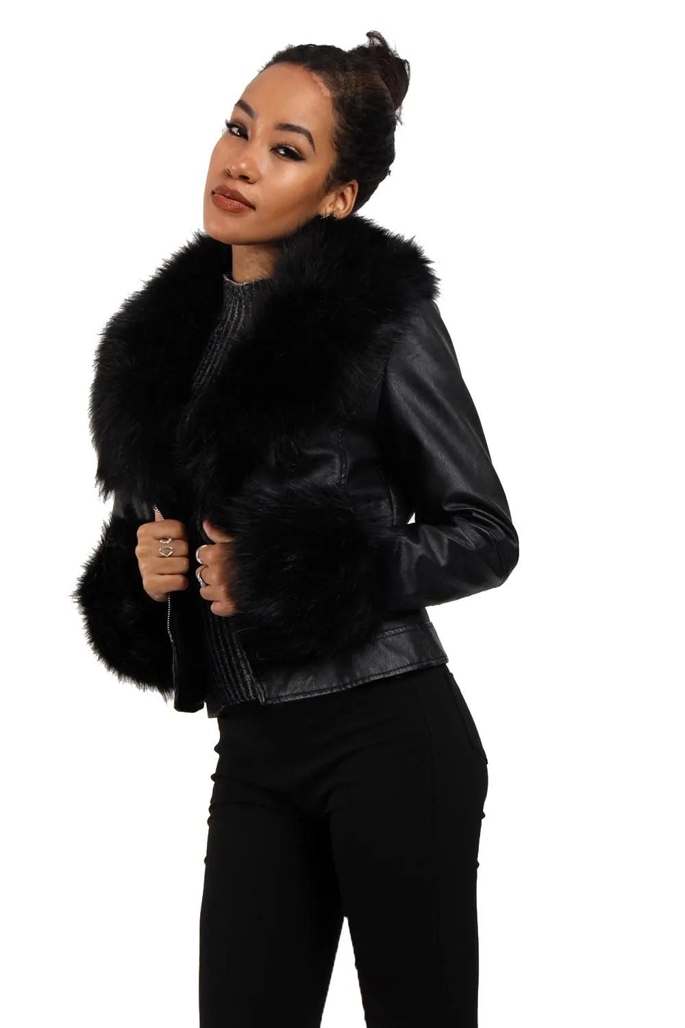 Short Faux Fur Trim Biker Leather Coat