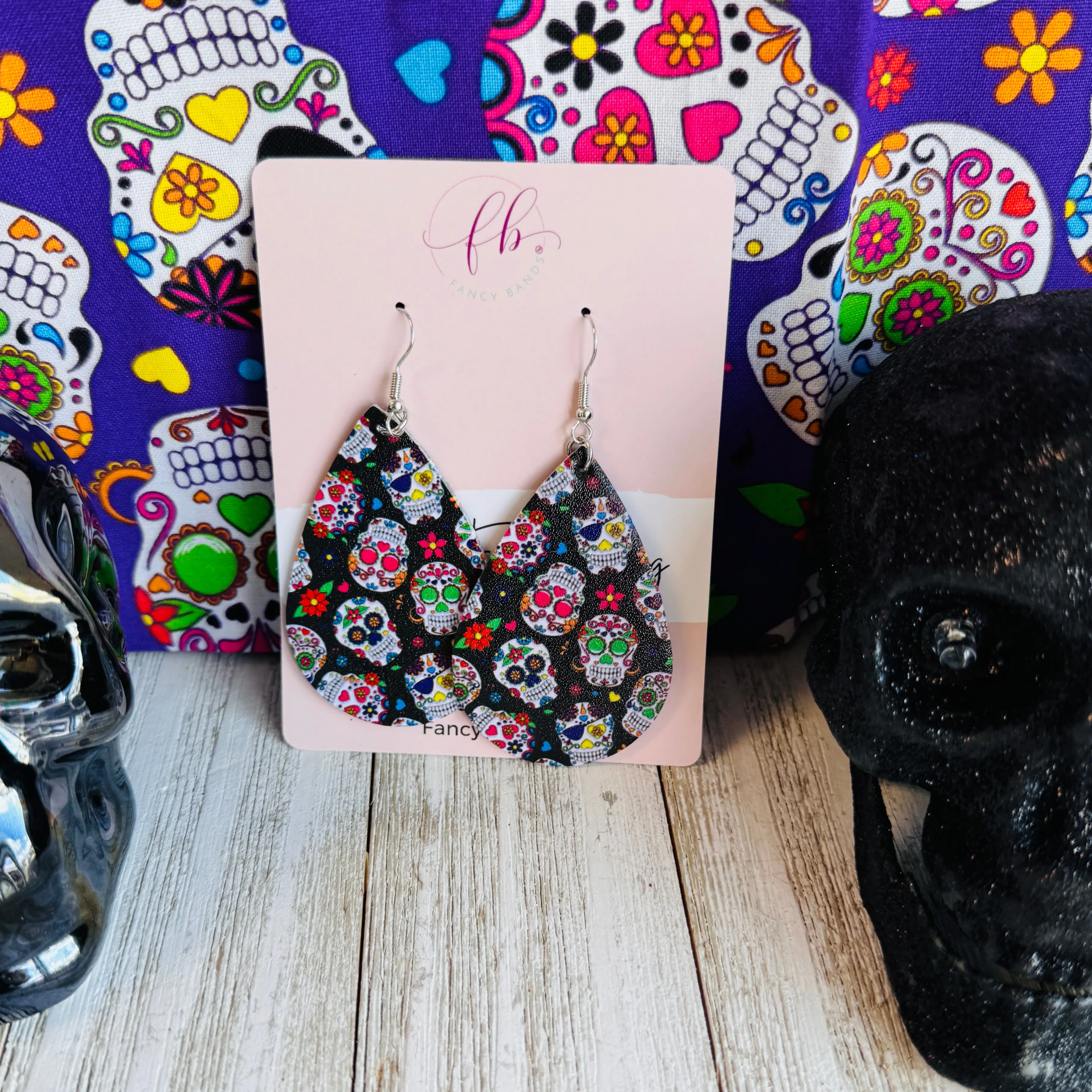 Sugar Skull Faux Leather Teardrop Ear Bling Two Styles Available