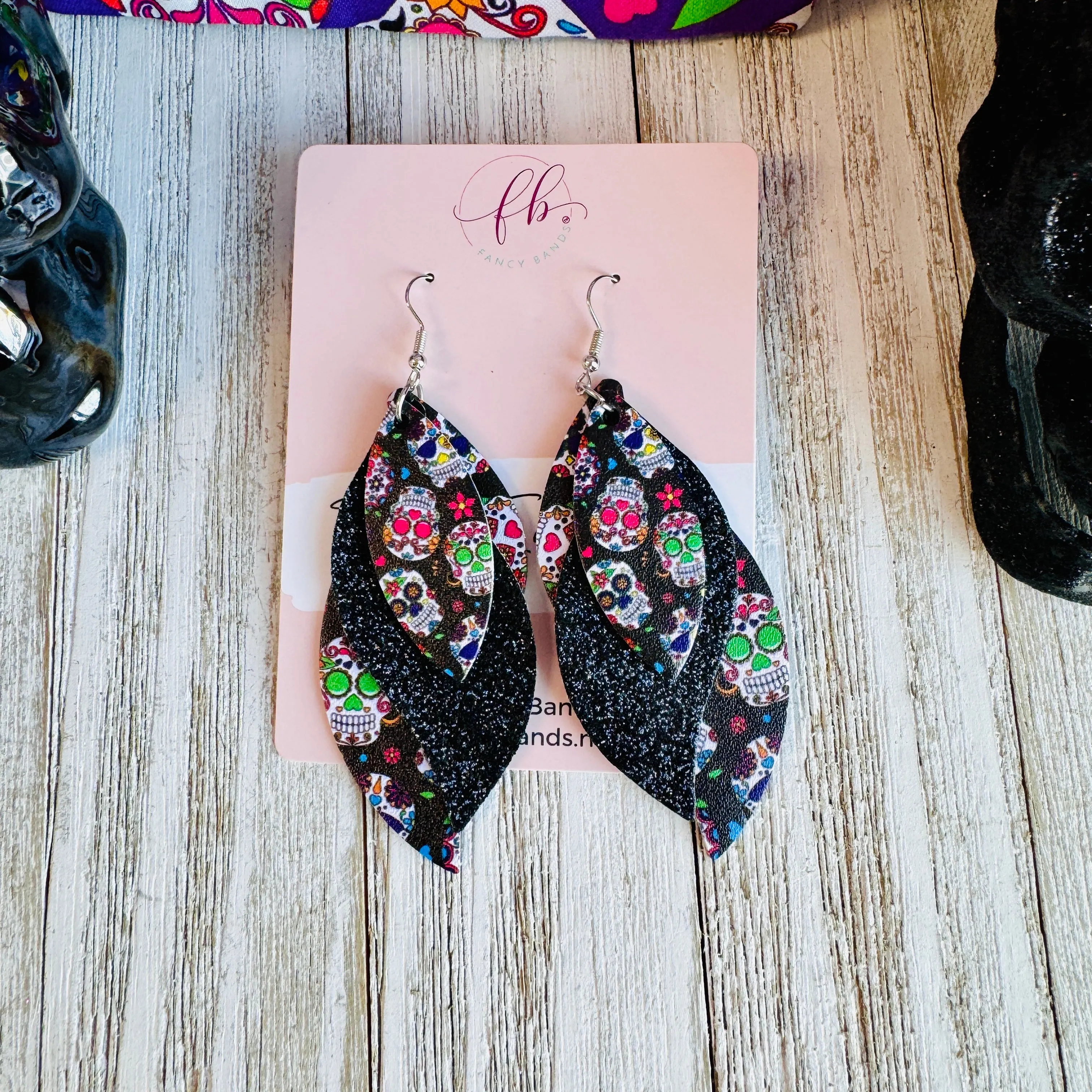 Sugar Skull Faux Leather Teardrop Ear Bling Two Styles Available