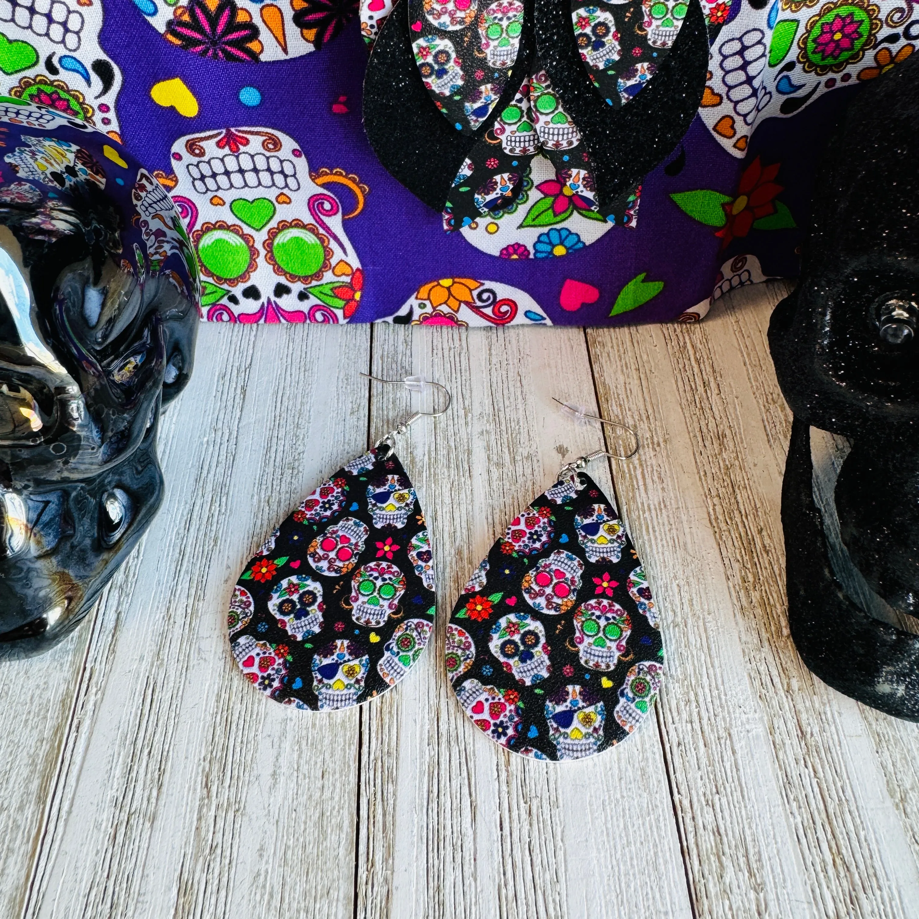 Sugar Skull Faux Leather Teardrop Ear Bling Two Styles Available