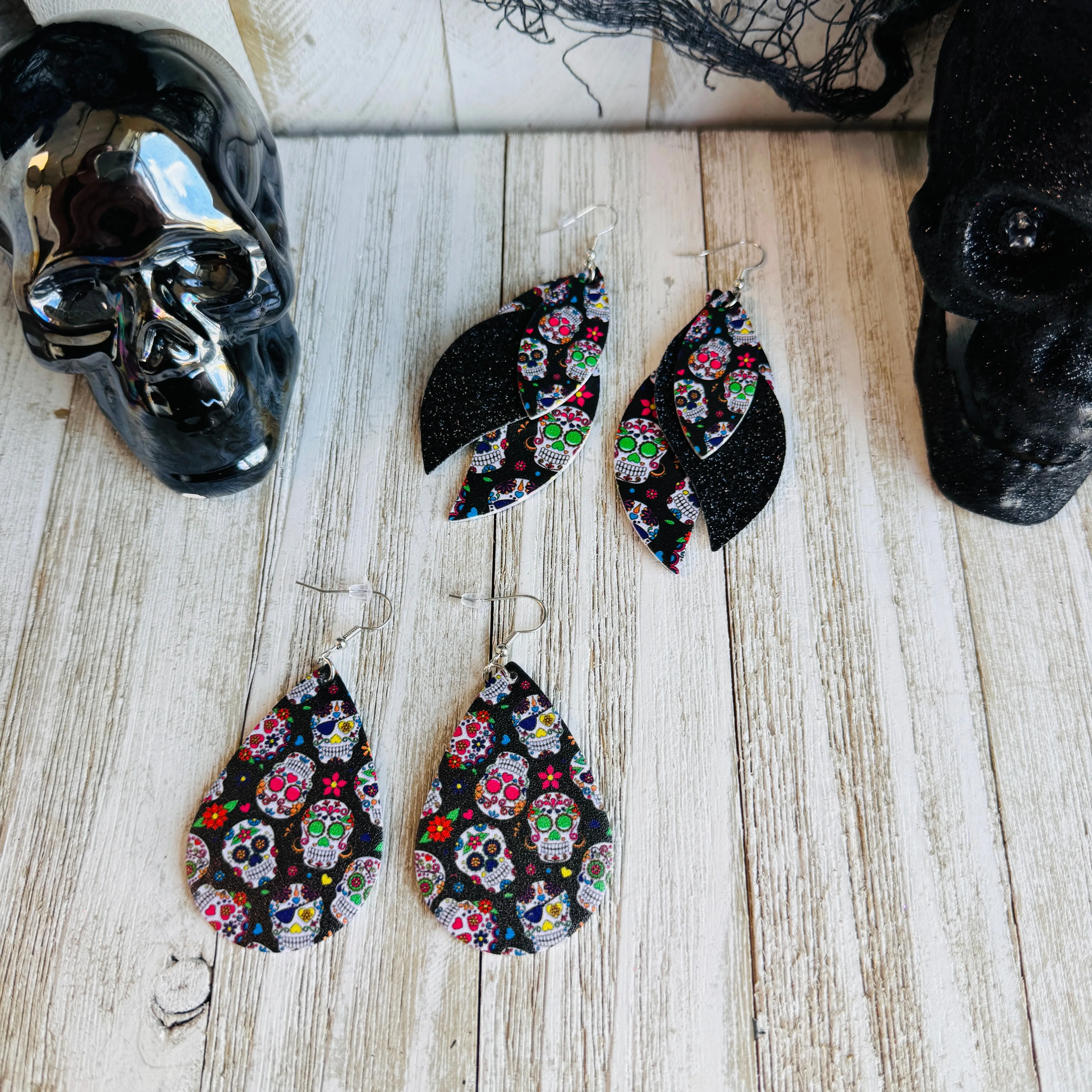 Sugar Skull Faux Leather Teardrop Ear Bling Two Styles Available