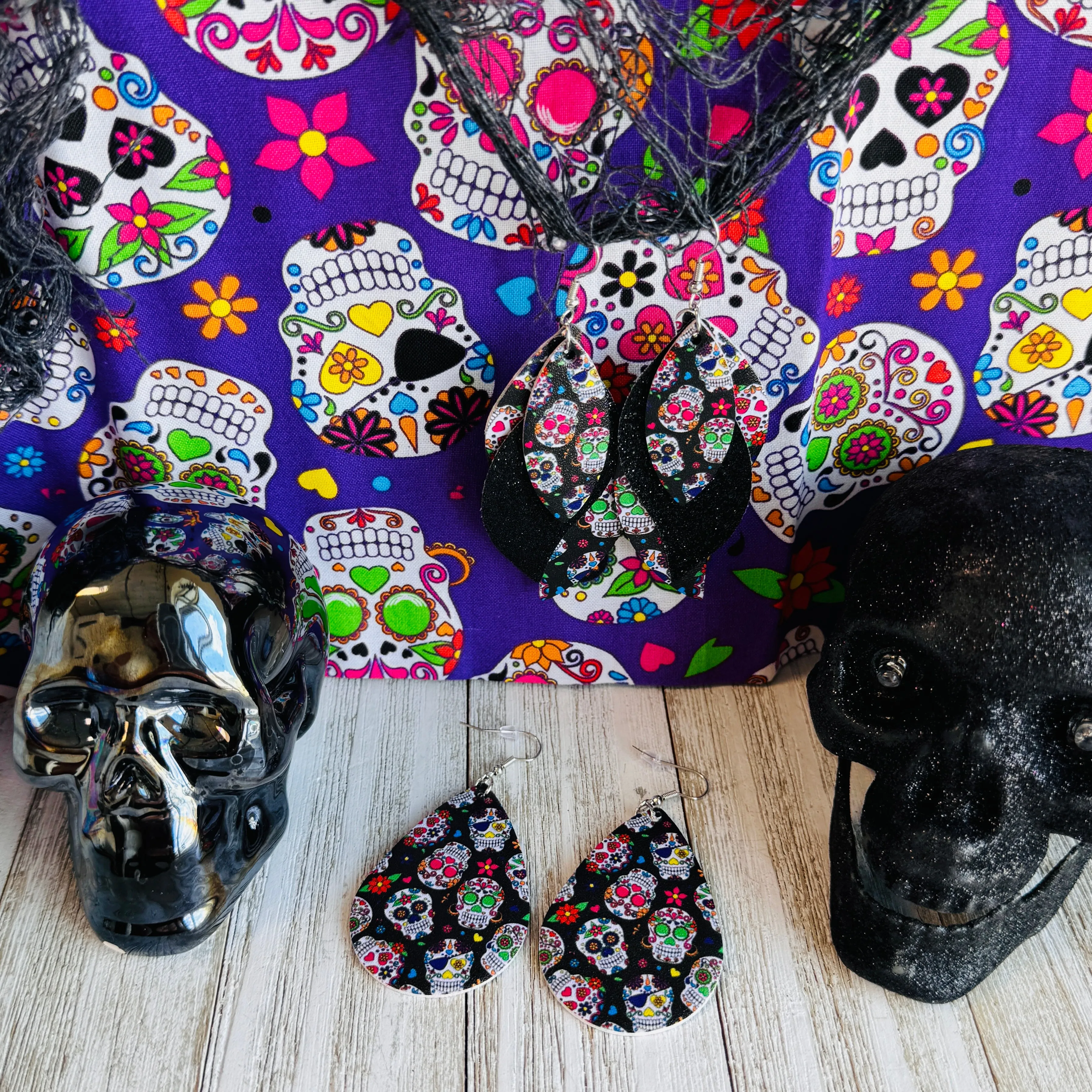 Sugar Skull Faux Leather Teardrop Ear Bling Two Styles Available