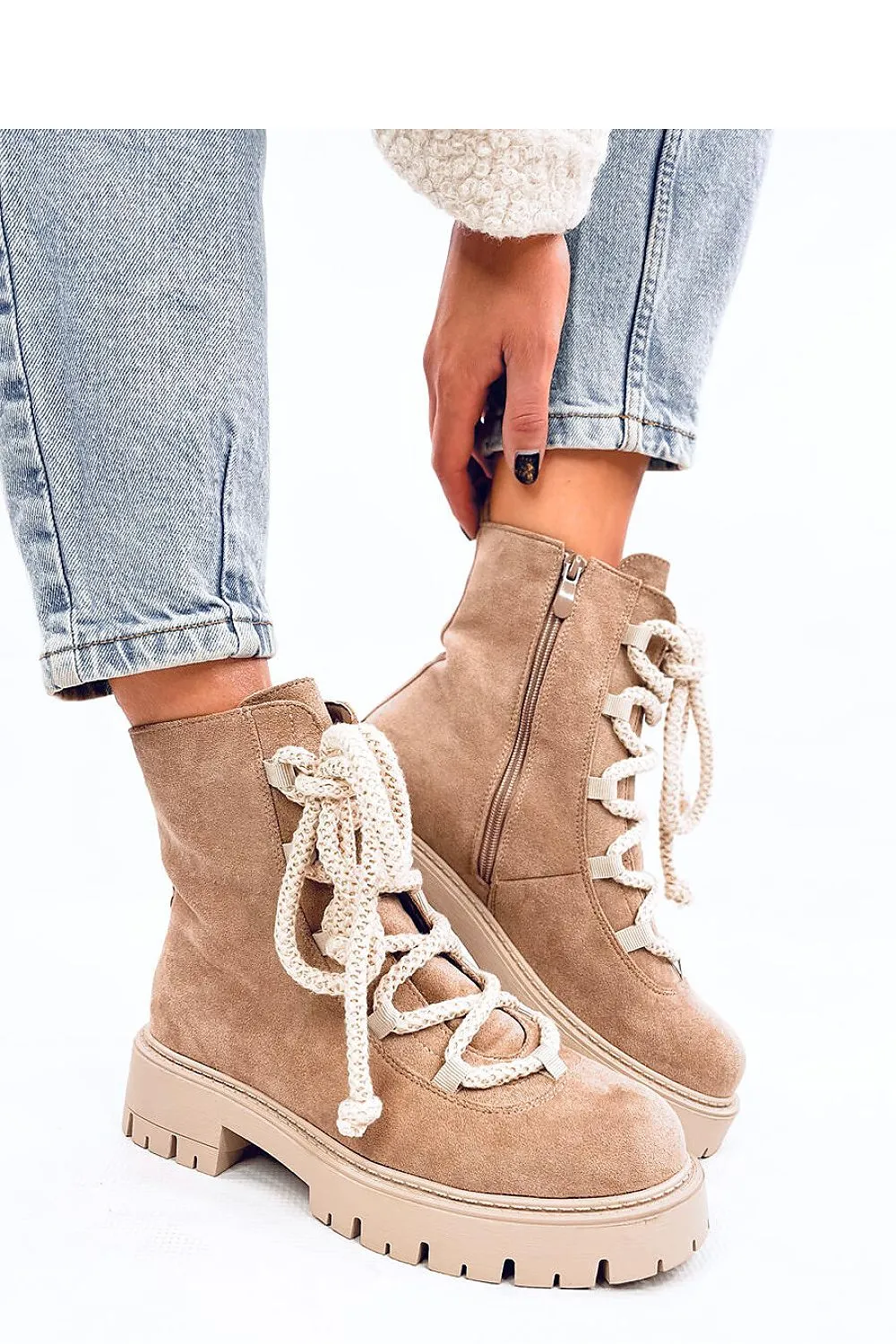 TEEK - Beige Thick Rope Lace Suede Touch Boots